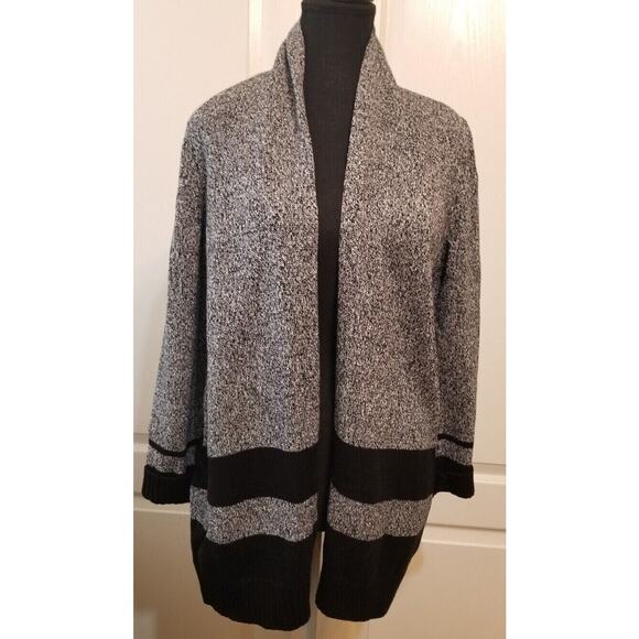Chicos Career Casual Gray/Black Cardigan Open Front Long Slvs Sweater Sz 1 (M/8) - Picture 1 of 7
